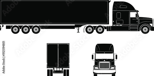 Semi truck with trailer silhouettes in black vector style showing side, front and rear views isolated on light background for transportation design