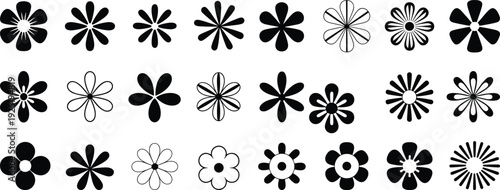 Set of abstract flower silhouette icons in black vector style isolated on light background, decorative floral shapes for design and pattern projects