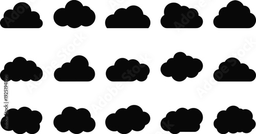Set of black cloud silhouette icons in flat vector style isolated on light background, simple weather symbol collection for graphic design projects