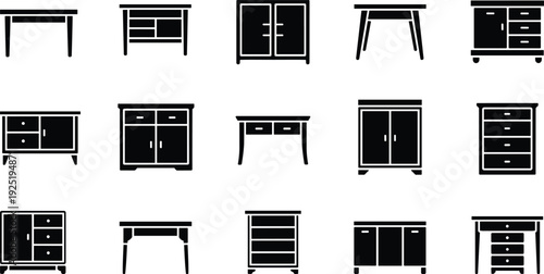 Set of cabinet and desk furniture silhouettes in black vector style isolated on light background, storage and table icons for interior design