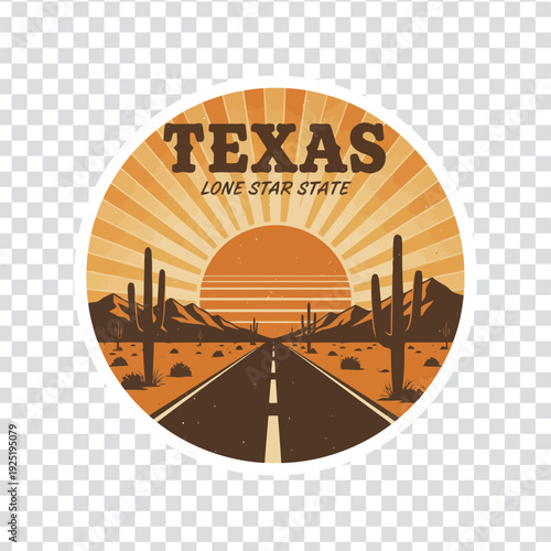 Vibrant texas desert landscape with road and cacti at sunset in circular frame