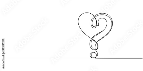heart question mark - Concept of love issues. continuous line illustration. one line vector, Question mark drawing, Question Mark Continuous Line Icon, heart question mark continuous one line drawing.
