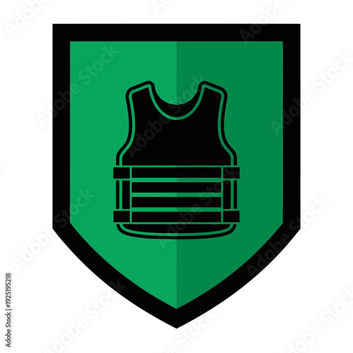 Bulletproof vest icon on green shield