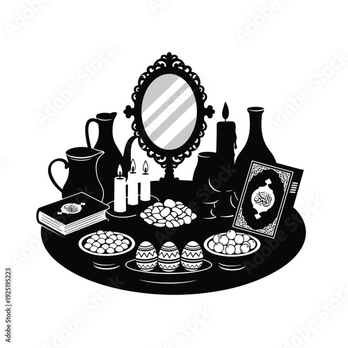 Haft-Seen table setting with Quran, mirror, candles, eggs, and fruits for Nowruz celebration