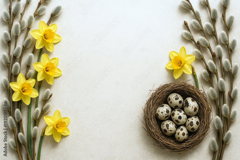 Obraz premium Bright, top-down view featuring spring elements, yellow daffodils, soft pussy willow branches, and nest with speckled quail eggs on light surface. Spring, Easter composition