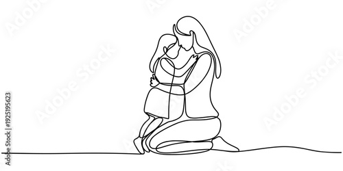embracing their, Single one line drawing mother kneels down hugging her daughter and son. Always miss the warmth of a hug. With beloved children. National Single Parent Day.