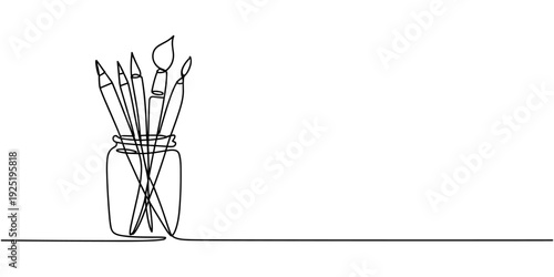 Continuous one line drawing of pencils and brushes in a glass. Brush and pencils in single line draw illustration. Editable stroke, Stationery container with pencil, pens, rulers outline drawing pro.