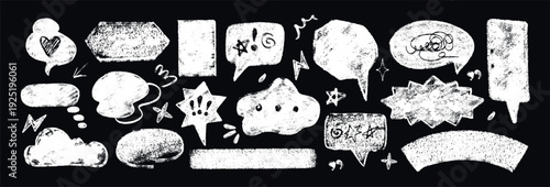 White crayon text box shapes on chalkboard. Vector set of hand drawing kids chalk speech bubble frames with grunge texture. Childish doodle talk balloon in sketch style. Comic dialog chat with symbols