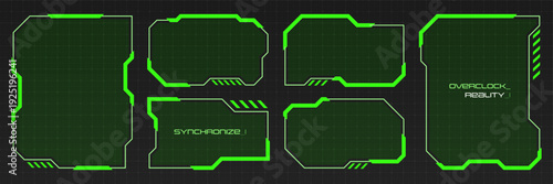 Futuristic game interface frames featuring HUD elements with borders and transparent screens. Cyberpunk tech graphics for digital displays