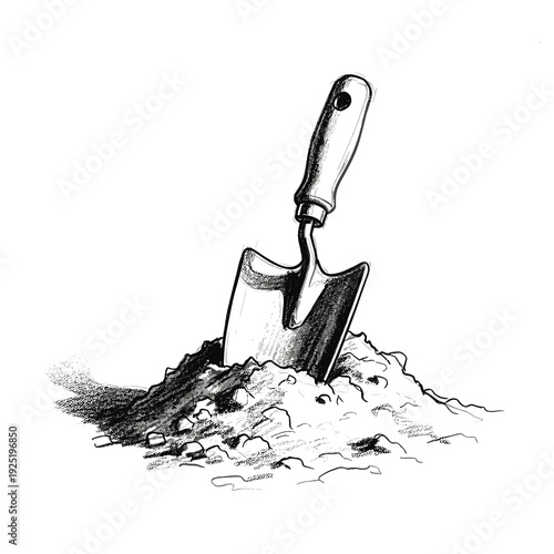 Hand drawn illustration of a garden trowel stuck in a pile of soil