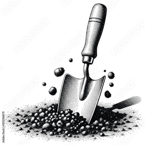 Trowel digging into soil with clumps flying out, stippled illustration