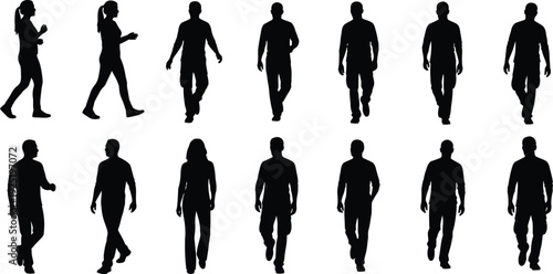 Collection of black human silhouettes walking in different directions isolated on a white background. Vector, illustration