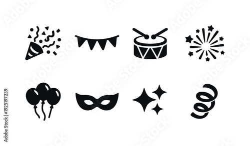 Festival Confetti Pattern. Filled icon set of Festival Confetti Pattern: confetti rain, flag bunting, drum,