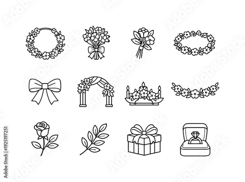 wedding floral decor line art. Line outline icon set of wedding floral decor line art: bridal wreath, bouquet,