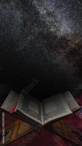 The Milky Way with the Noble Quran. Islamic or ramadan or laylat al-qadr or kadir gecesi background video.