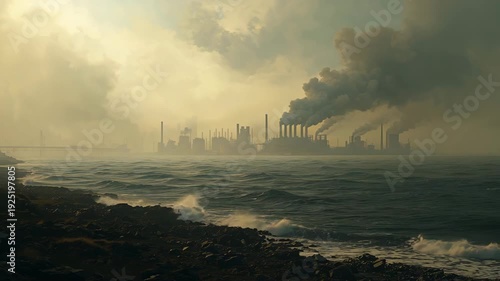 Industrial factory skyline releasing smoke over coastal water under hazy polluted atmosphere