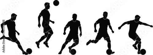 Black silhouette set of professional soccer players in various action poses including dribbling kicking and heading the ball isolated on white background for sports design