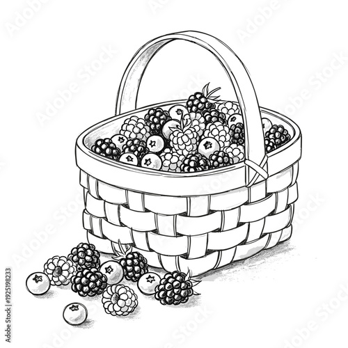 Hand-drawn illustration of a woven basket overflowing with fresh berries and some scattered on the side