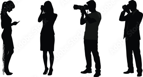 Black Silhouette Set of Professional Photographers Taking Photos with DSLR Cameras and Woman Using Smartphone Isolated on White Background for Media and Photography ConceptsBlack Silhouette Set of 