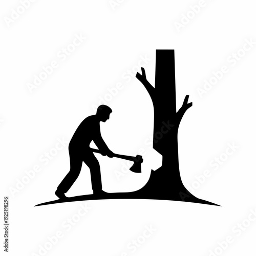 Silhouette of a Lumberjack Cutting Down a Tree with an Axe