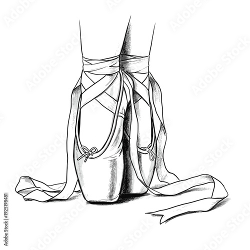 Close-up illustration of ballet dancer's pointe shoes tied with ribbons