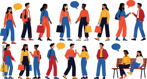 Flat vector illustration set of diverse people shopping, walking with bags, talking with speech bubbles, and sitting on a bench in the city.