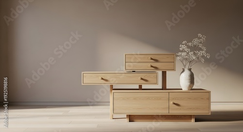 Light Wooden Dresser with Vase and Flowers light wood dresser