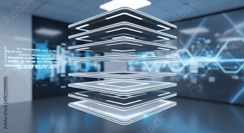 Futuristic digital interface with glowing blue lines in a modern office space