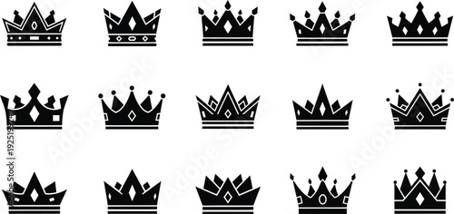 Set of fifteen unique black crown silhouettes on a white background for royal design projects. Vector