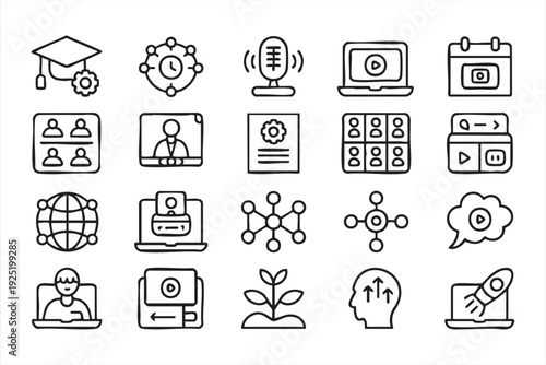 Education technology icon set featuring courses graduation and streaming