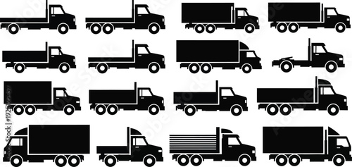 A collection of sixteen different truck silhouettes including freight, delivery, and flatbed. Vector, illustration