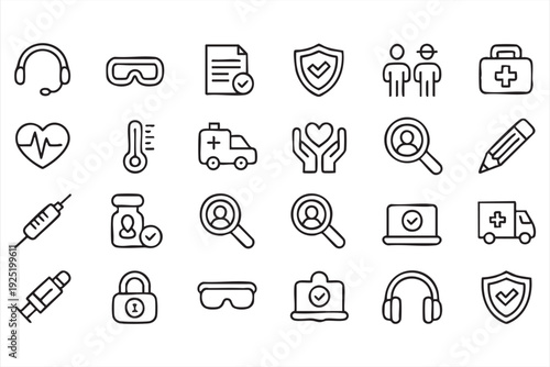 Healthcare and medical outline icons with emergency ambulance and vaccine