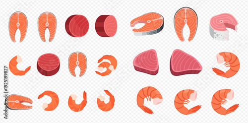 Set of fresh raw seafood, including salmon steaks, tuna fillets, and shrimp, on a transparent background.