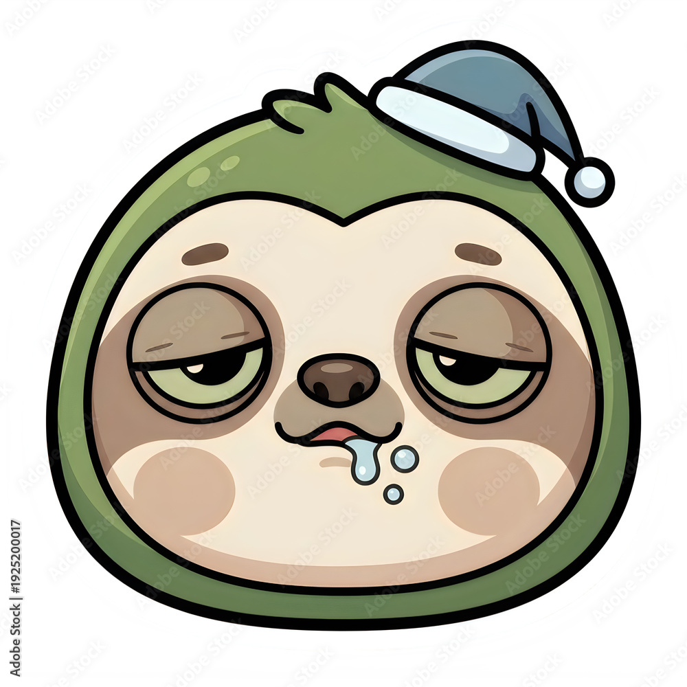 Obraz premium Cute cartoon sloth sticker wearing a Santa hat and looking sad isolated on transparent background