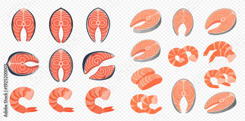 Fresh salmon steaks and shrimp vector illustration set for seafood and healthy eating concepts.