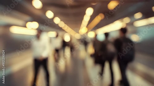 Blurred commuters walking through illuminated underground corridor with motion and shallow focus effect