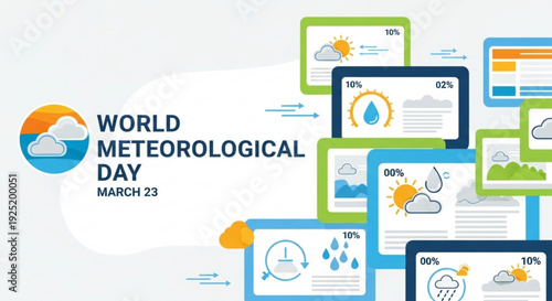 World meteorological day infographic with weather icons and statistics on various screens