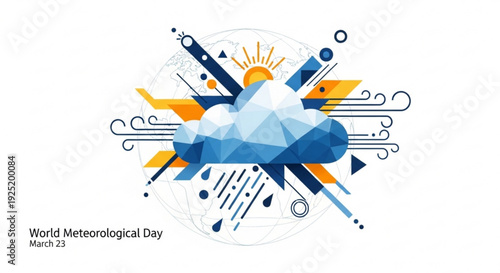 World meteorological day graphic design with sun cloud rain and weather symbols on white background