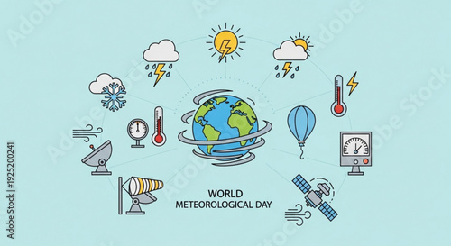 World meteorological day illustration with globe and weather icons