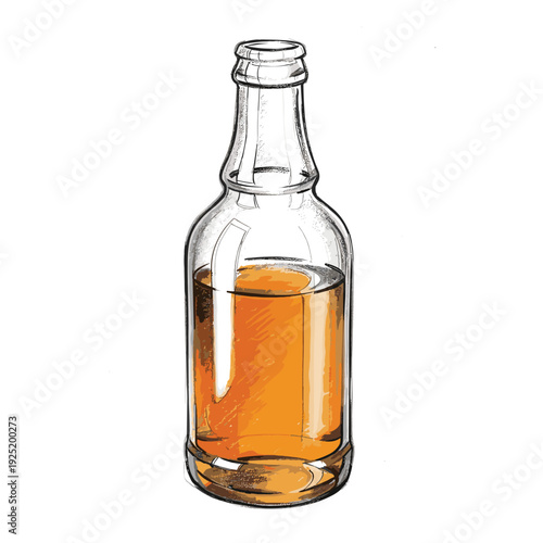 Hand-drawn illustration of a clear glass bottle filled with amber liquid