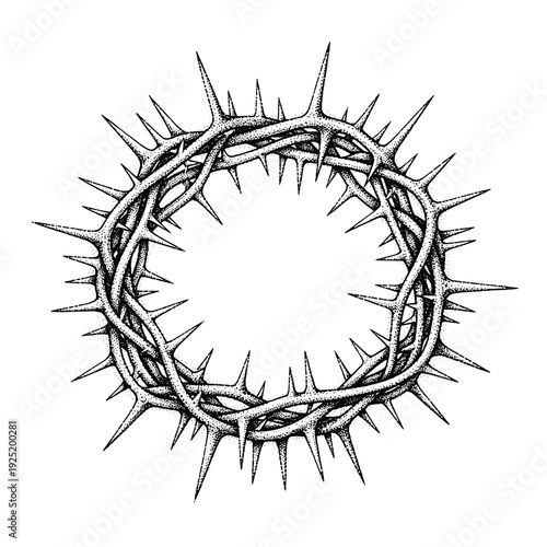 Intricate crown of thorns illustration with sharp spikes on a white background