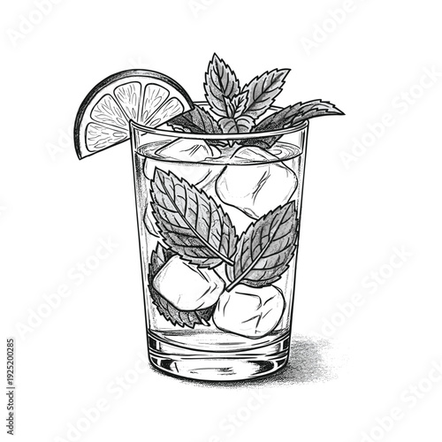 Refreshing mojito cocktail with mint leaves and lime slice in a tall glass with ice