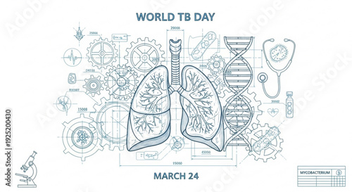 World tb day awareness illustration with lungs dna stethoscope and medical icons on white background