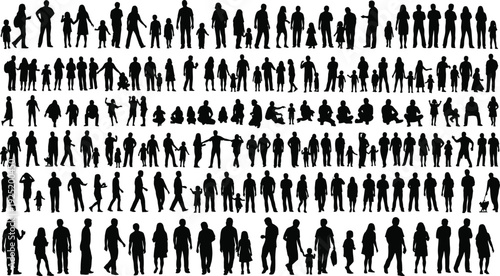 A large collection of black human silhouettes arranged in several rows on a white background. Vector, illustration