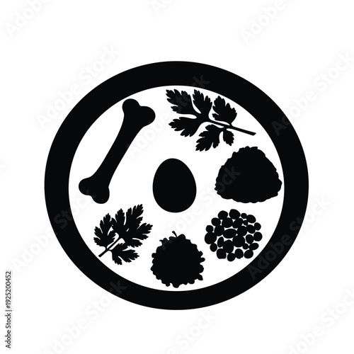 Black and white silhouette of a plate with various food items and a bone
