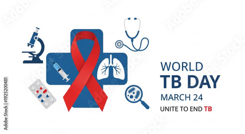 World tb day awareness campaign with red ribbon and medical icons on white background