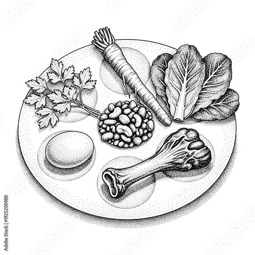 Passover Seder plate with symbolic foods arranged in a stippled illustration style