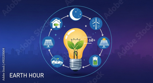 Earth hour concept light bulb with green plant surrounded by eco friendly icons on dark blue background