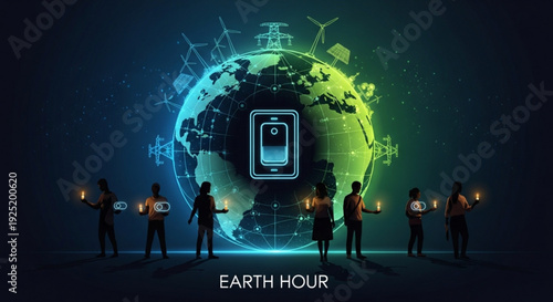 People silhouettes holding candles around earth with smartphone on globe earth hour concept
