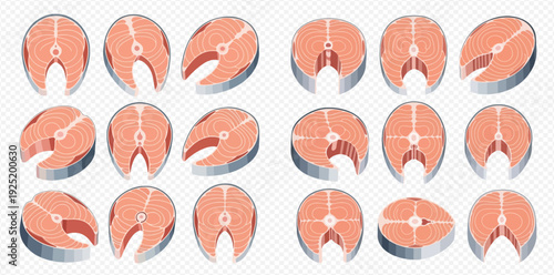 Set of fresh raw salmon steaks or trout pieces, healthy food concept, fish fillet slices for cooking.